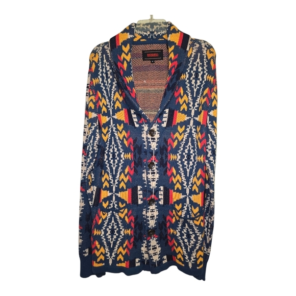 Rock & Roll Cowgirl Sweaters - Rock & Roll Denim Southwestern Cotton Button Down Cardigan Medium Blue Red Yello